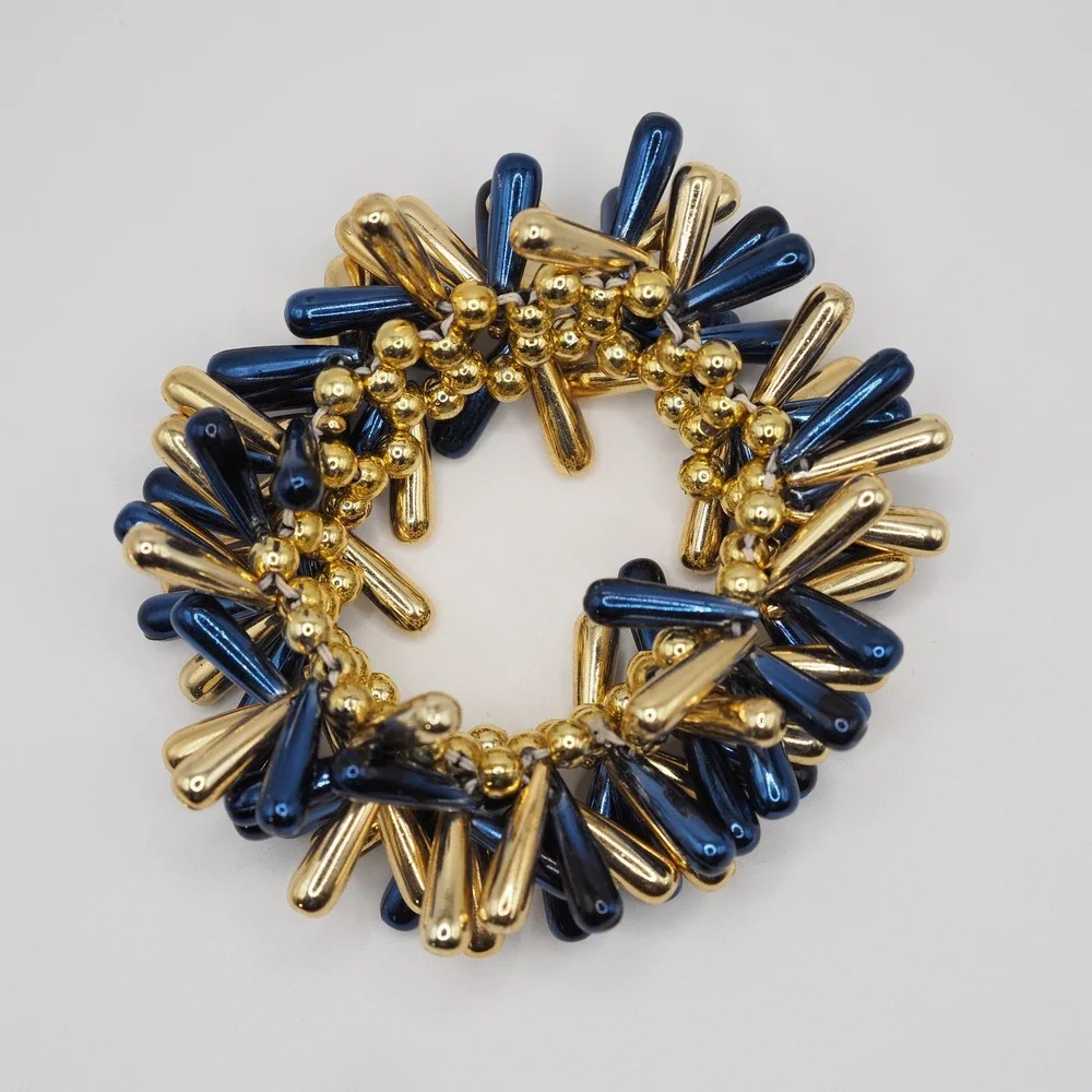 Bracelet Blue Gold Metallic Cluster Plastic Bead Stretch Statement Pom Pom Cheer